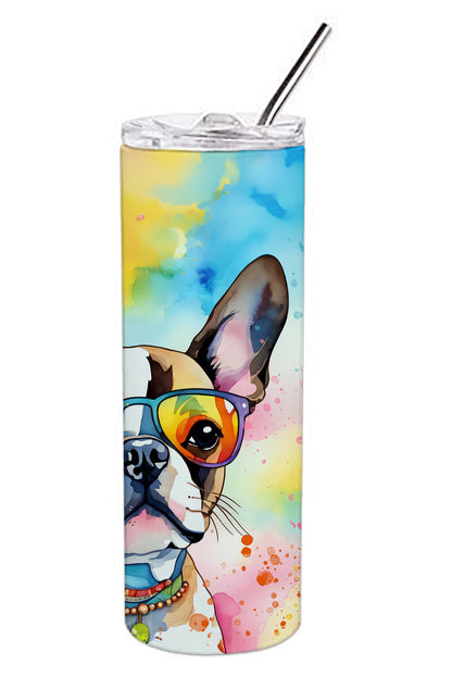 Boston Terrier Hippie Dawg Stainless Steel Skinny Tumbler Vacuum Double Walled Reusable Insulated Tumbler Travel Cup for Coffee Cocktails Gift with Lid, 20 oz - Renee Lane Company