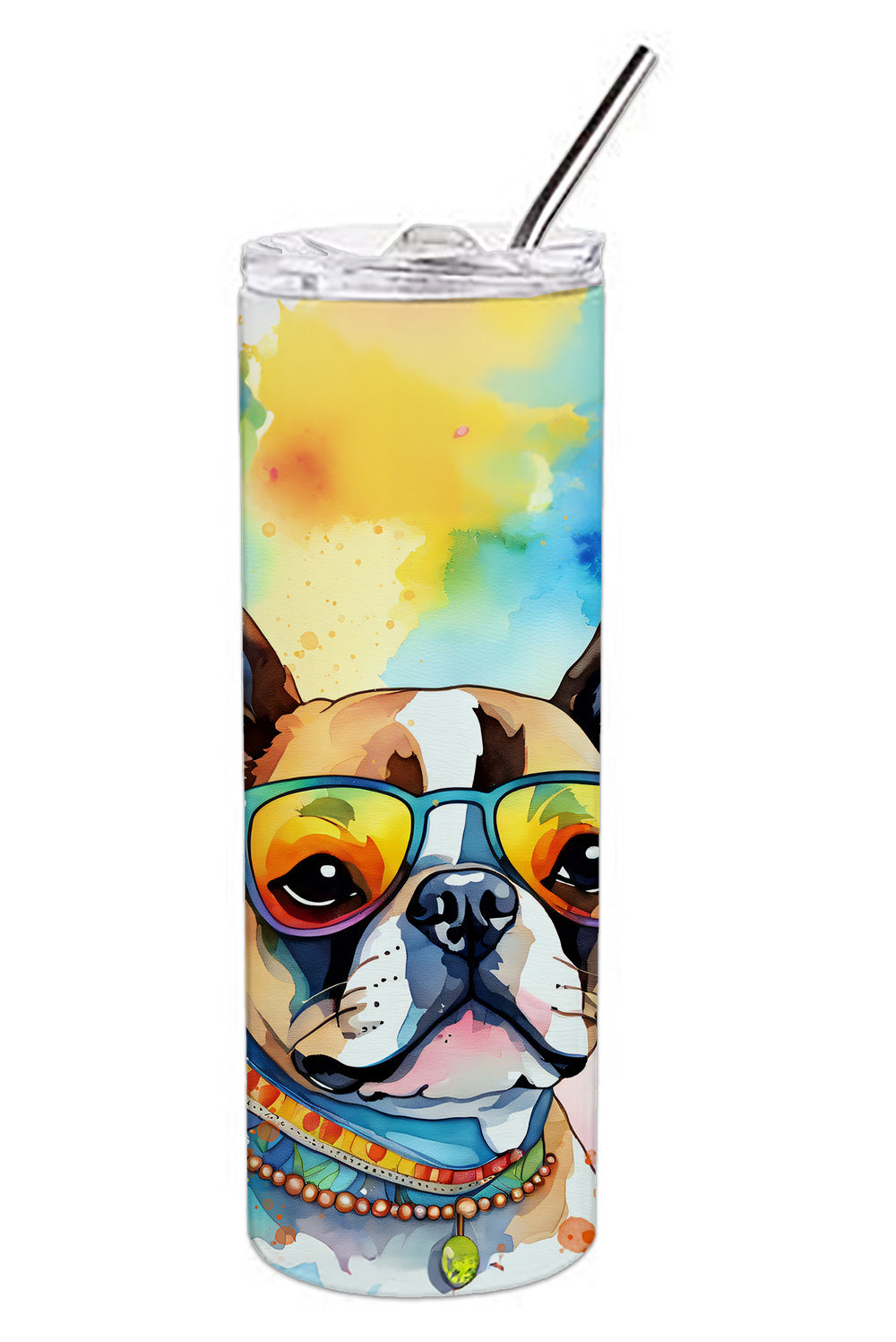 Boston Terrier Hippie Dawg Stainless Steel Skinny Tumbler Vacuum Double Walled Reusable Insulated Tumbler Travel Cup for Coffee Cocktails Gift with Lid, 20 oz - Renee Lane Company