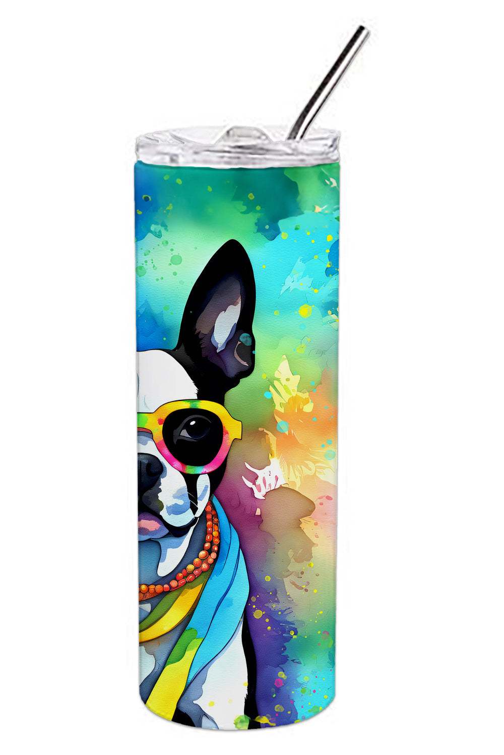 Boston Terrier Hippie Dawg Stainless Steel Skinny Tumbler Vacuum Double Walled Reusable Insulated Tumbler Travel Cup for Coffee Cocktails Gift with Lid, 20 oz - Renee Lane Company