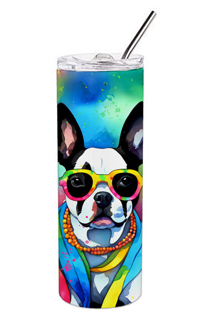 Boston Terrier Hippie Dawg Stainless Steel Skinny Tumbler Vacuum Double Walled Reusable Insulated Tumbler Travel Cup for Coffee Cocktails Gift with Lid, 20 oz - Renee Lane Company