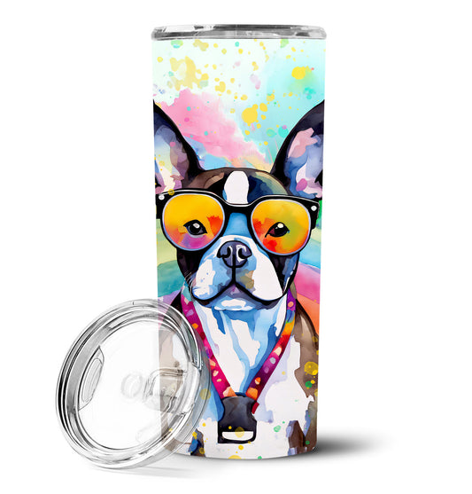 Boston Terrier Hippie Dawg Stainless Steel Skinny Tumbler Vacuum Double Walled Reusable Insulated Tumbler Travel Cup for Coffee Cocktails Gift with Lid, 20 oz - Renee Lane Company