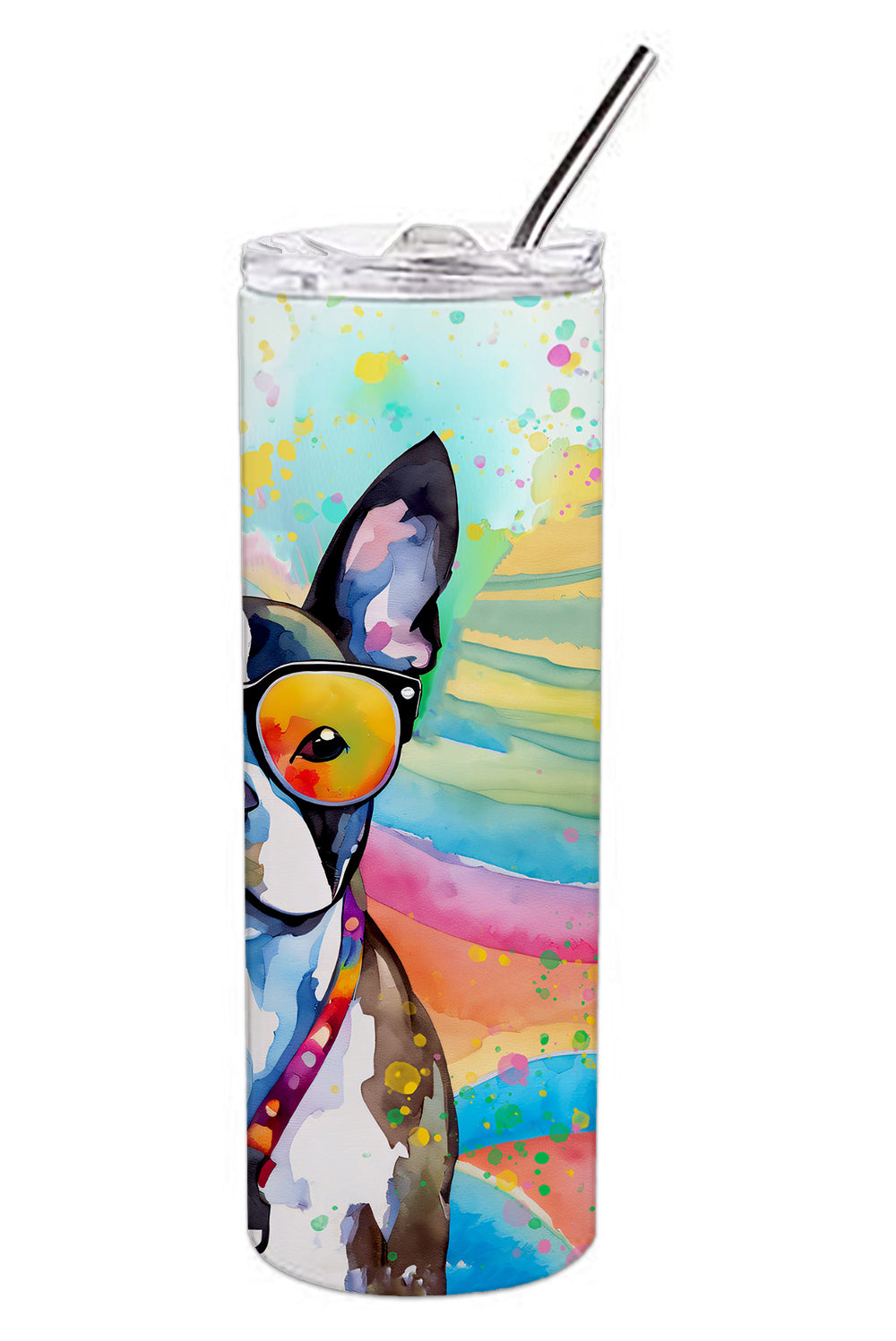 Boston Terrier Hippie Dawg Stainless Steel Skinny Tumbler Vacuum Double Walled Reusable Insulated Tumbler Travel Cup for Coffee Cocktails Gift with Lid, 20 oz - Renee Lane Company