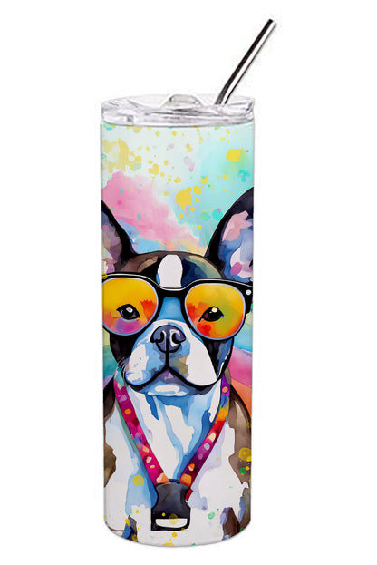 Boston Terrier Hippie Dawg Stainless Steel Skinny Tumbler Vacuum Double Walled Reusable Insulated Tumbler Travel Cup for Coffee Cocktails Gift with Lid, 20 oz - Renee Lane Company