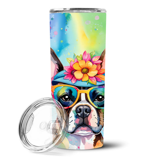Boston Terrier Hippie Dawg Stainless Steel Skinny Tumbler Vacuum Double Walled Reusable Insulated Tumbler Travel Cup for Coffee Cocktails Gift with Lid, 20 oz - Renee Lane Company