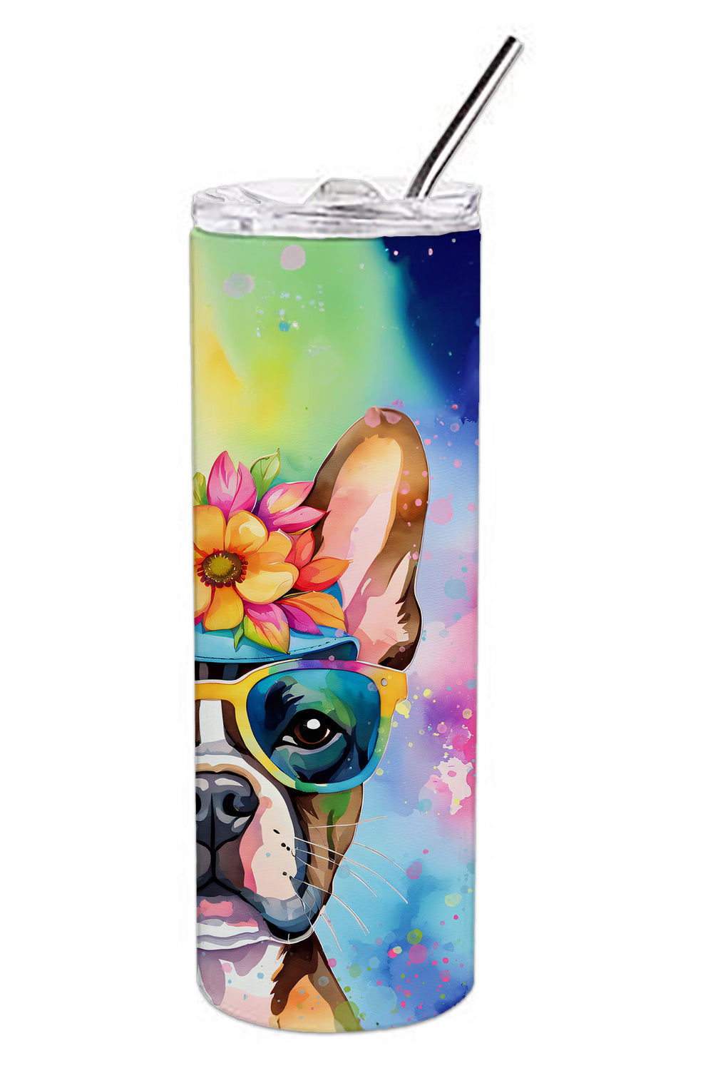 Boston Terrier Hippie Dawg Stainless Steel Skinny Tumbler Vacuum Double Walled Reusable Insulated Tumbler Travel Cup for Coffee Cocktails Gift with Lid, 20 oz - Renee Lane Company