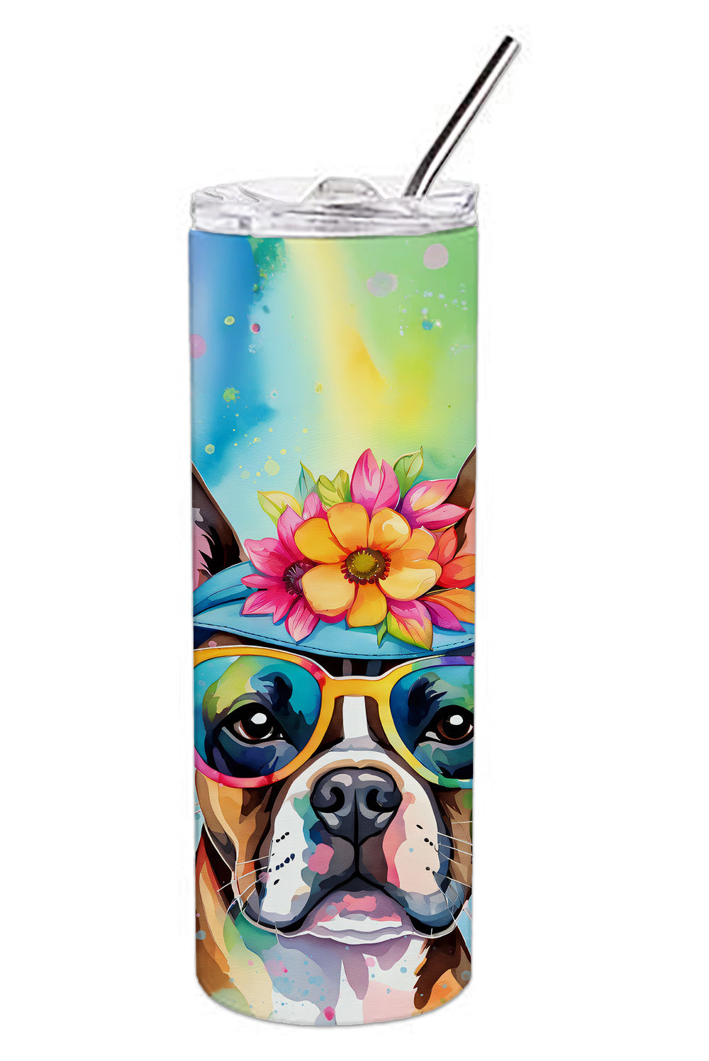 Boston Terrier Hippie Dawg Stainless Steel Skinny Tumbler Vacuum Double Walled Reusable Insulated Tumbler Travel Cup for Coffee Cocktails Gift with Lid, 20 oz - Renee Lane Company