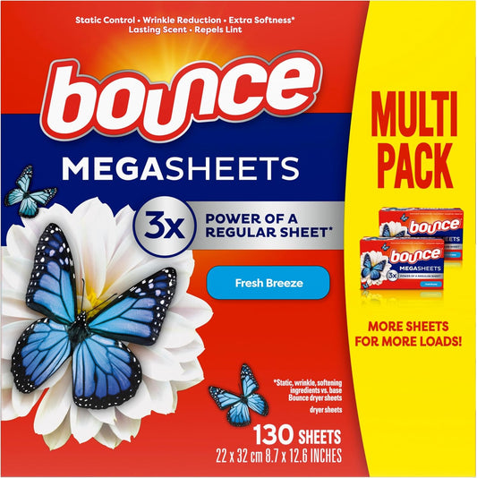Bounce Mega Dryer Sheets, Fresh Breeze, 130 Count, Mega Fabric Softener Sheets with Static Control, Wrinkle Reduction, Extra Softness, Lasting Scent, Repels Lint - Renee Lane Company
