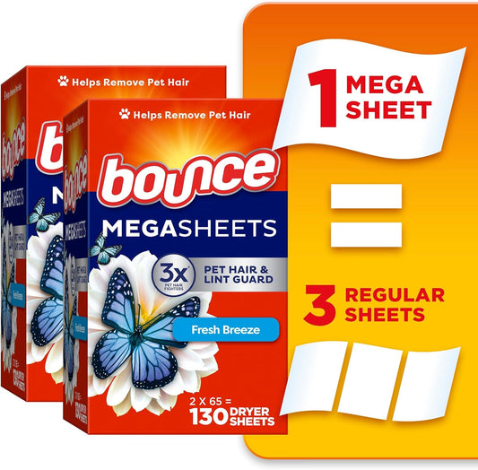Bounce Mega Dryer Sheets, Fresh Breeze, 130 Count, Mega Fabric Softener Sheets with Static Control, Wrinkle Reduction, Extra Softness, Lasting Scent, Repels Lint - Renee Lane Company