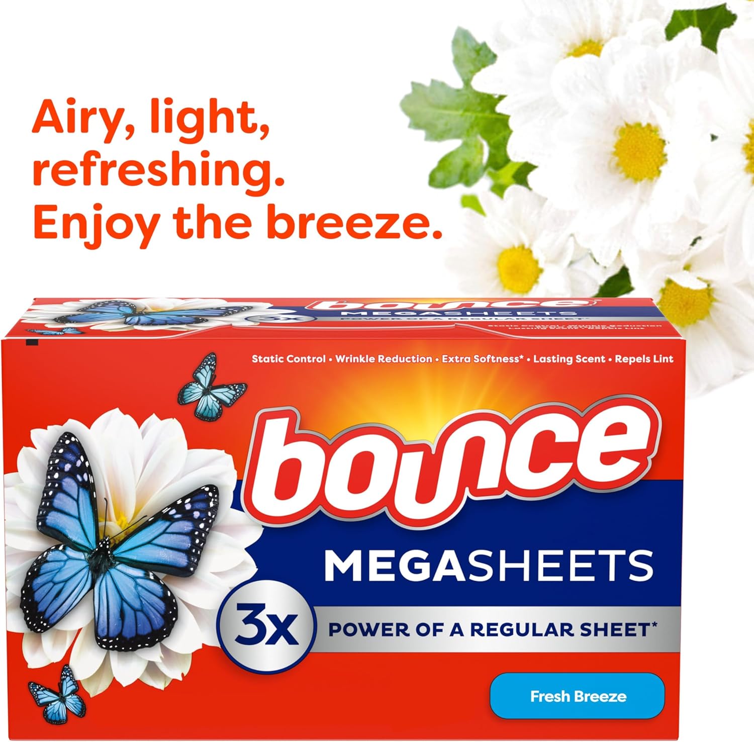 Bounce Mega Dryer Sheets, Fresh Breeze, 130 Count, Mega Fabric Softener Sheets with Static Control, Wrinkle Reduction, Extra Softness, Lasting Scent, Repels Lint - Renee Lane Company