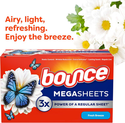 Bounce Mega Dryer Sheets, Fresh Breeze, 130 Count, Mega Fabric Softener Sheets with Static Control, Wrinkle Reduction, Extra Softness, Lasting Scent, Repels Lint - Renee Lane Company