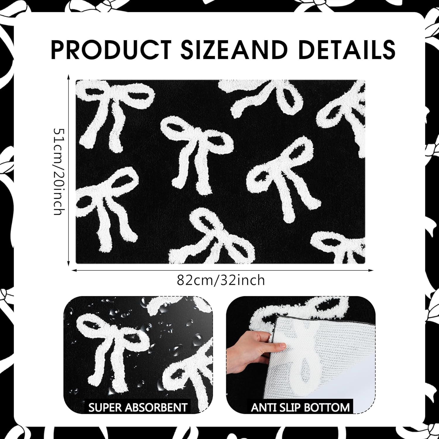 Bow Coquette Cute Bath Mat (20 X 32 Inch) – Non-Slip Absorbent Bathroom Rug For Vanity, Shower, Bedroom & Kitchen | Perfect Christmas Holiday Decor & Gift - Renee Lane Company