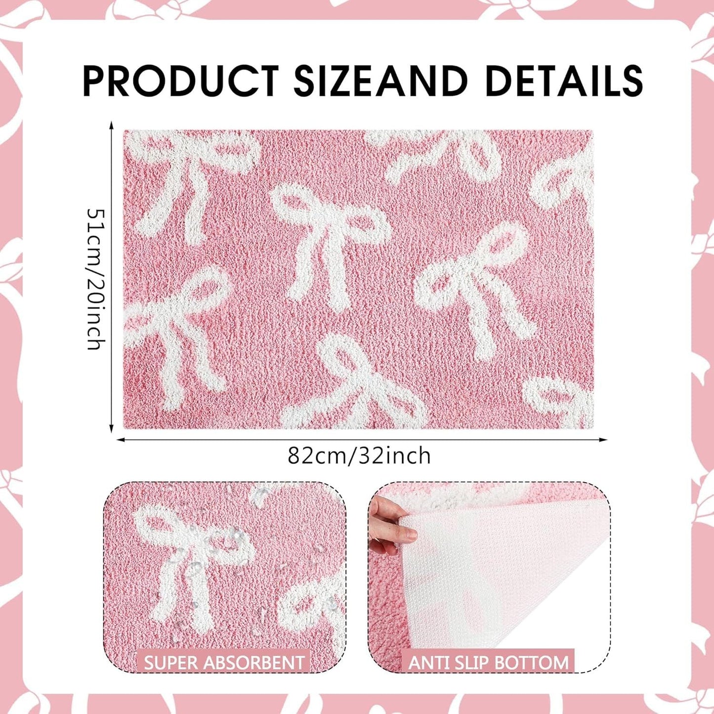 Bow Coquette Cute Bath Mat (20 X 32 Inch) – Non-Slip Absorbent Bathroom Rug For Vanity, Shower, Bedroom & Kitchen | Perfect Christmas Holiday Decor & Gift - Renee Lane Company