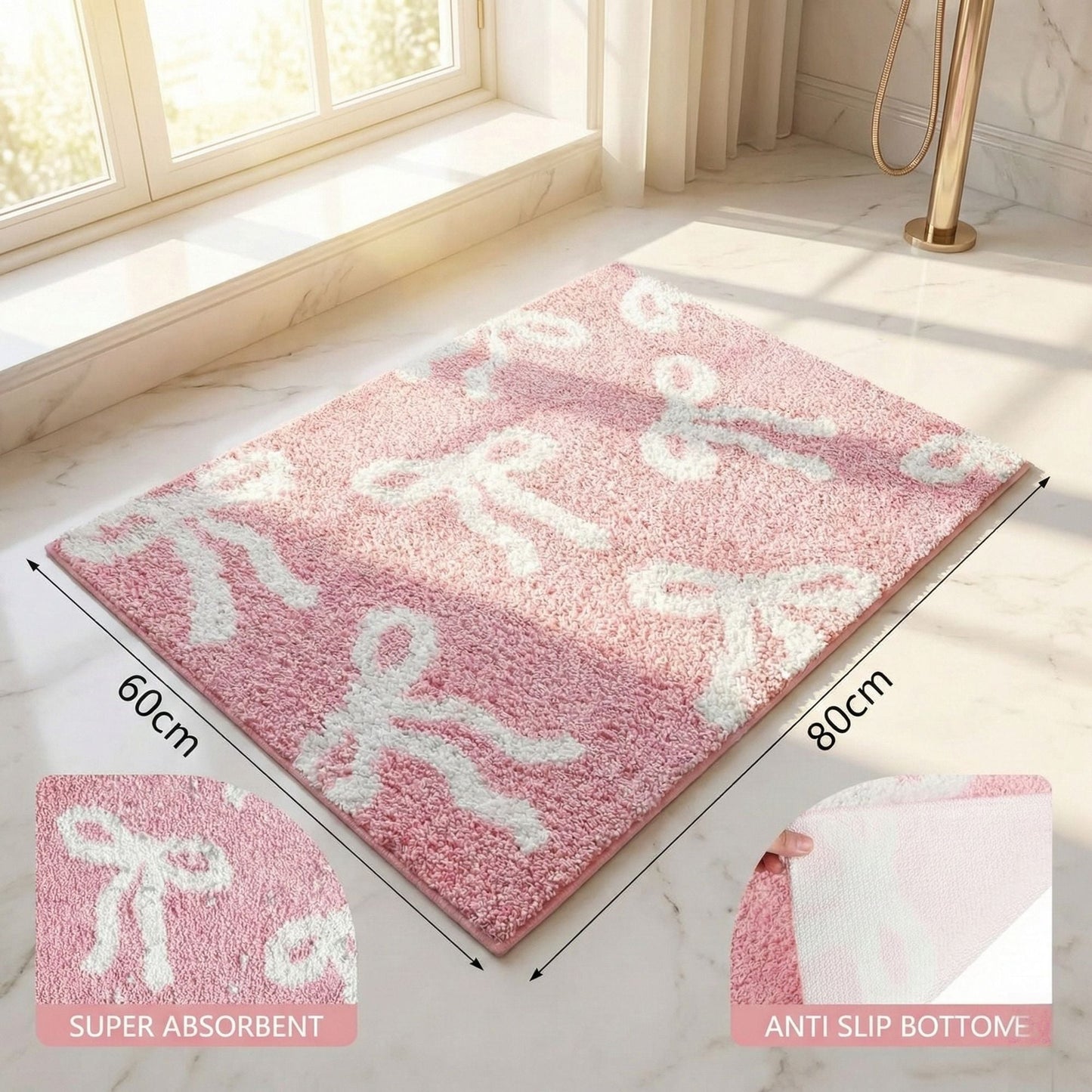 Bow Coquette Cute Bath Mat (20 X 32 Inch) – Non-Slip Absorbent Bathroom Rug For Vanity, Shower, Bedroom & Kitchen | Perfect Christmas Holiday Decor & Gift - Renee Lane Company