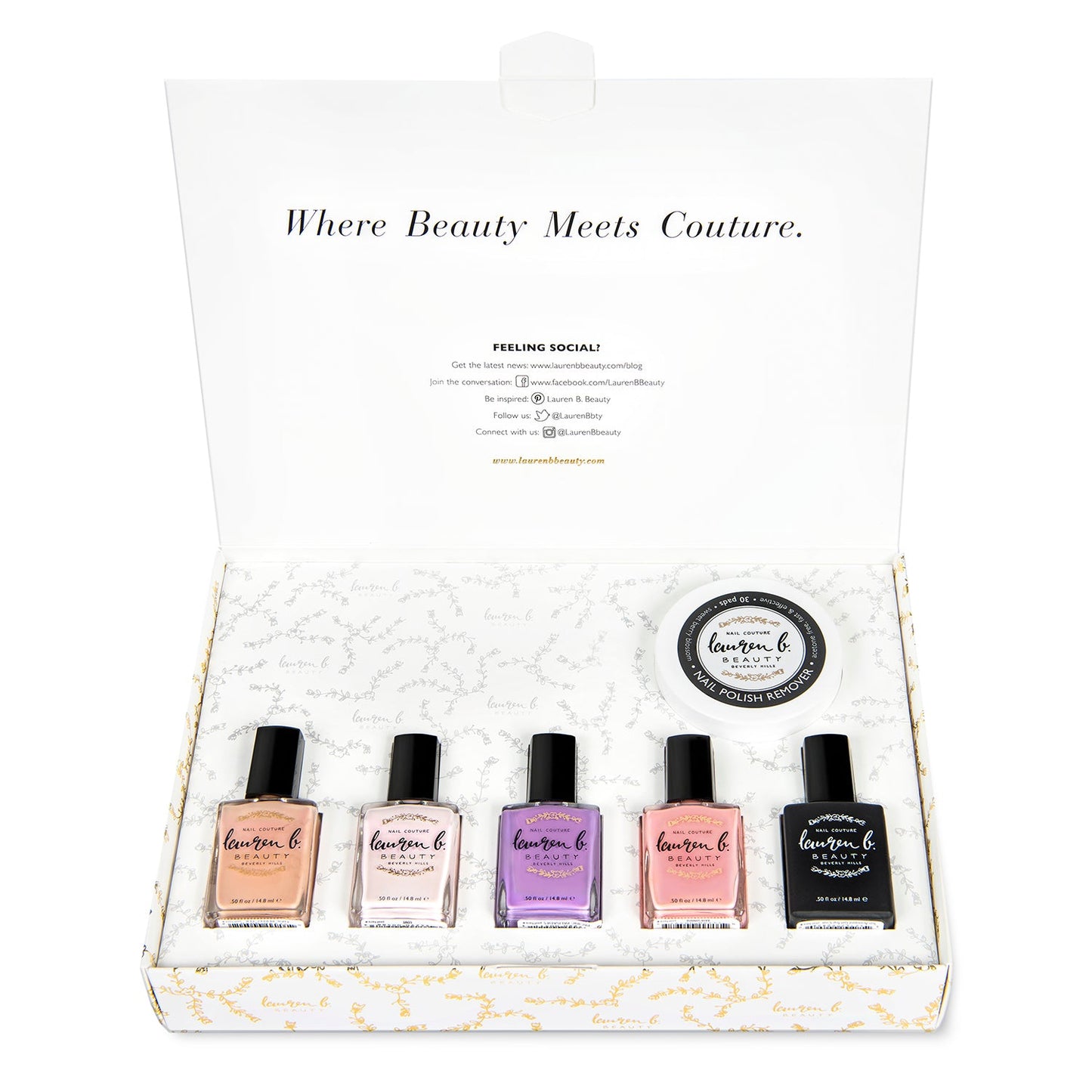At-home nail polish set in open box with five bottles and round lid