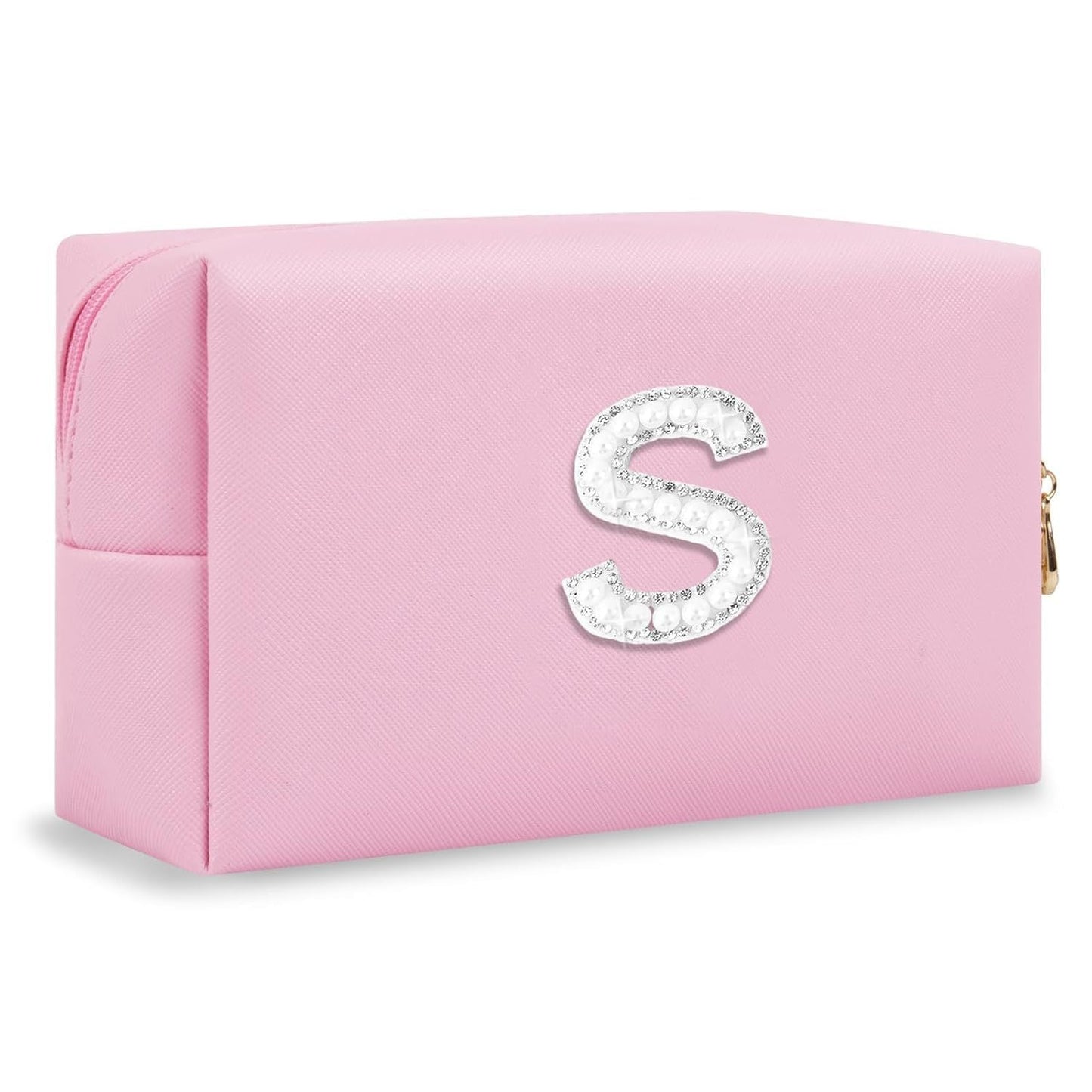 Bride Gifts – Personalized Initial Makeup Bag with Pearl Rhinestone Patch, Preppy Pink Monogram Cosmetic/Toiletry Pouch, bridesmaid Gifts, Bridal Shower Gifts, Wedding Gifts, Bridal Gifts,S - Renee Lane Company