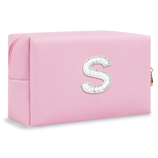 Bride Gifts – Personalized Initial Makeup Bag with Pearl Rhinestone Patch, Preppy Pink Monogram Cosmetic/Toiletry Pouch, bridesmaid Gifts, Bridal Shower Gifts, Wedding Gifts, Bridal Gifts,S - Renee Lane Company