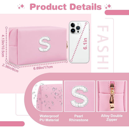 Bride Gifts – Personalized Initial Makeup Bag with Pearl Rhinestone Patch, Preppy Pink Monogram Cosmetic/Toiletry Pouch, bridesmaid Gifts, Bridal Shower Gifts, Wedding Gifts, Bridal Gifts,S - Renee Lane Company
