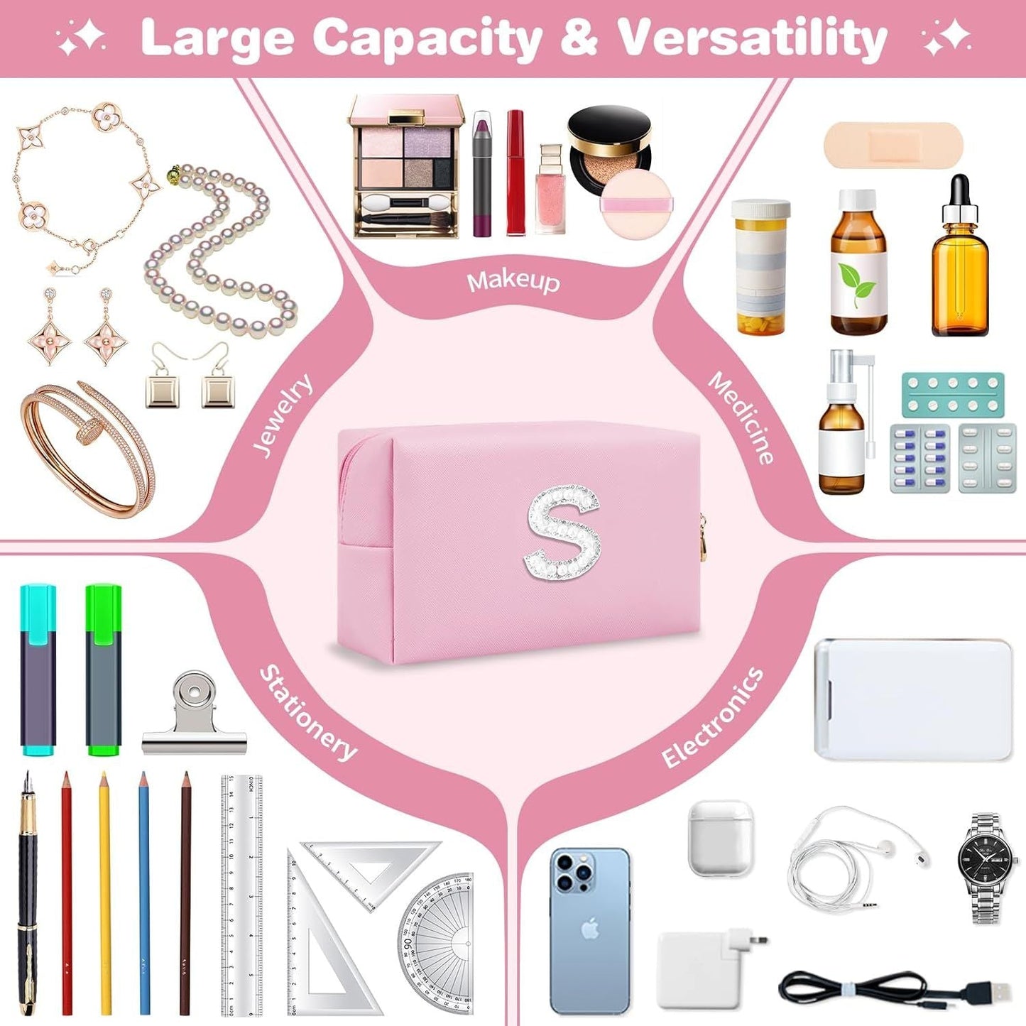 Bride Gifts – Personalized Initial Makeup Bag with Pearl Rhinestone Patch, Preppy Pink Monogram Cosmetic/Toiletry Pouch, bridesmaid Gifts, Bridal Shower Gifts, Wedding Gifts, Bridal Gifts,S - Renee Lane Company