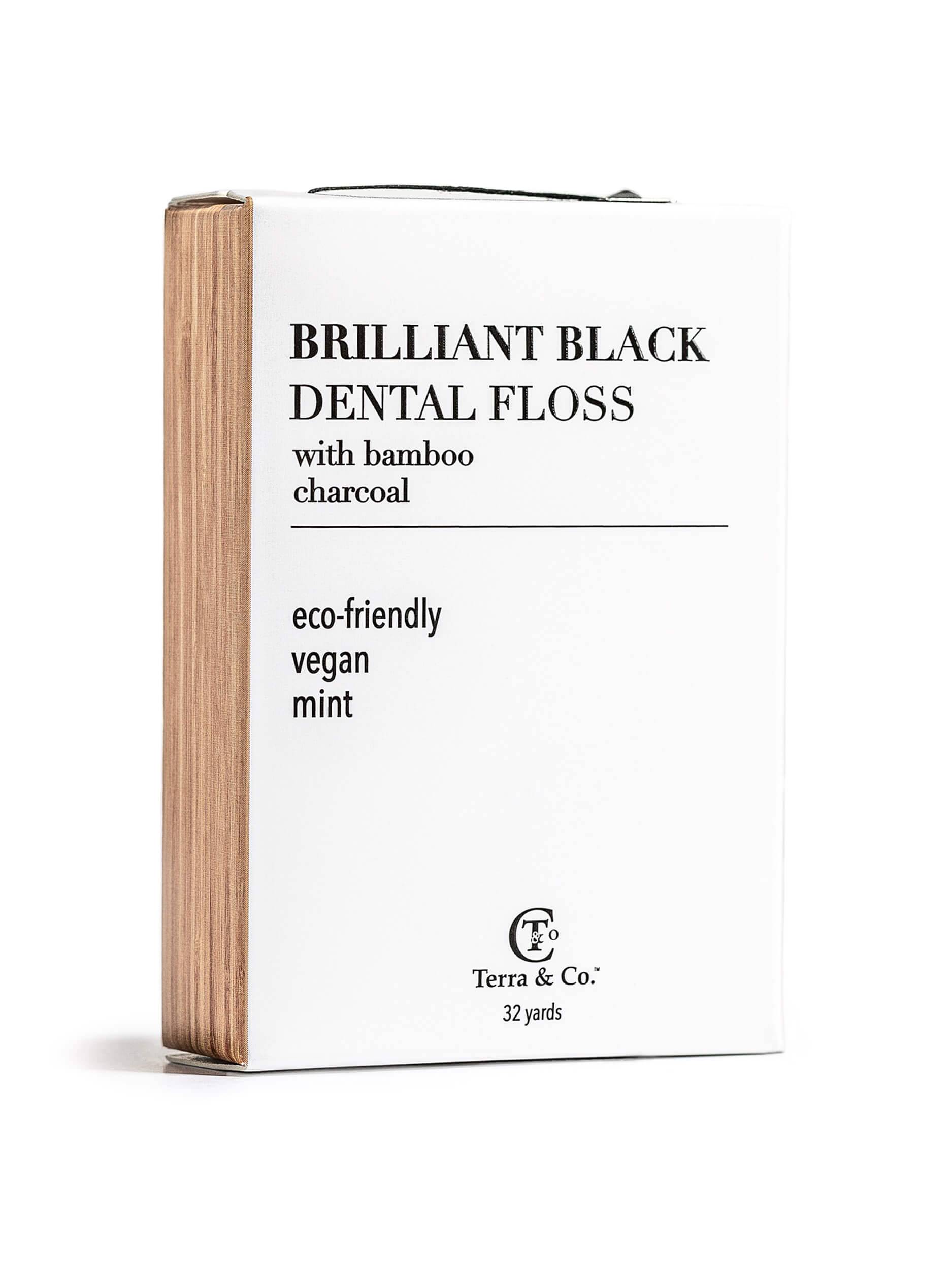 Dental floss box in white with bamboo charcoal label, Terra & Co., 32 yards