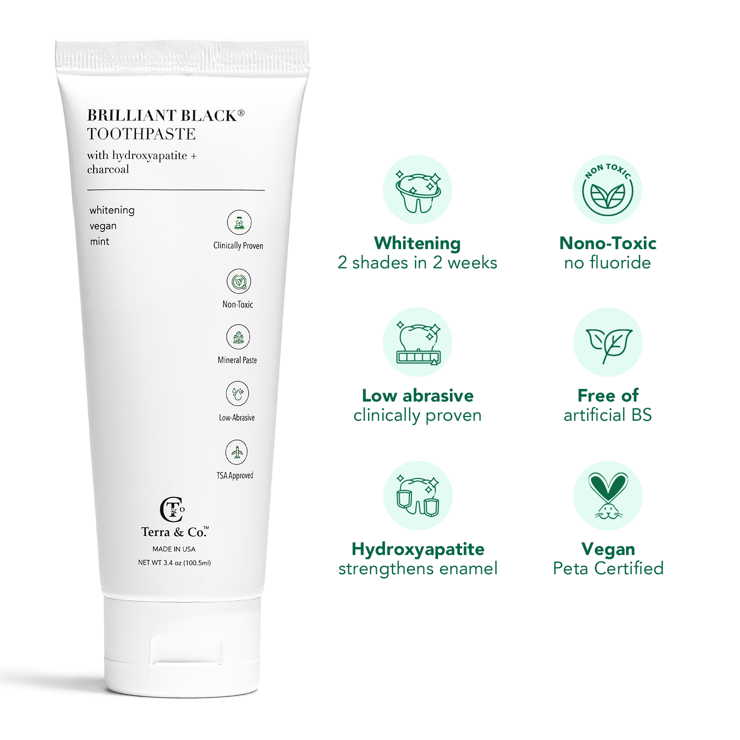 Brilliant Black toothpaste tube with hydroxyapatite, whitening and vegan feature icons