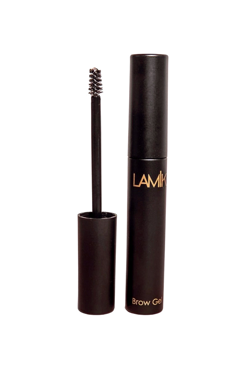 Brow gel tube with wand spoolie brush, cylindrical dark container