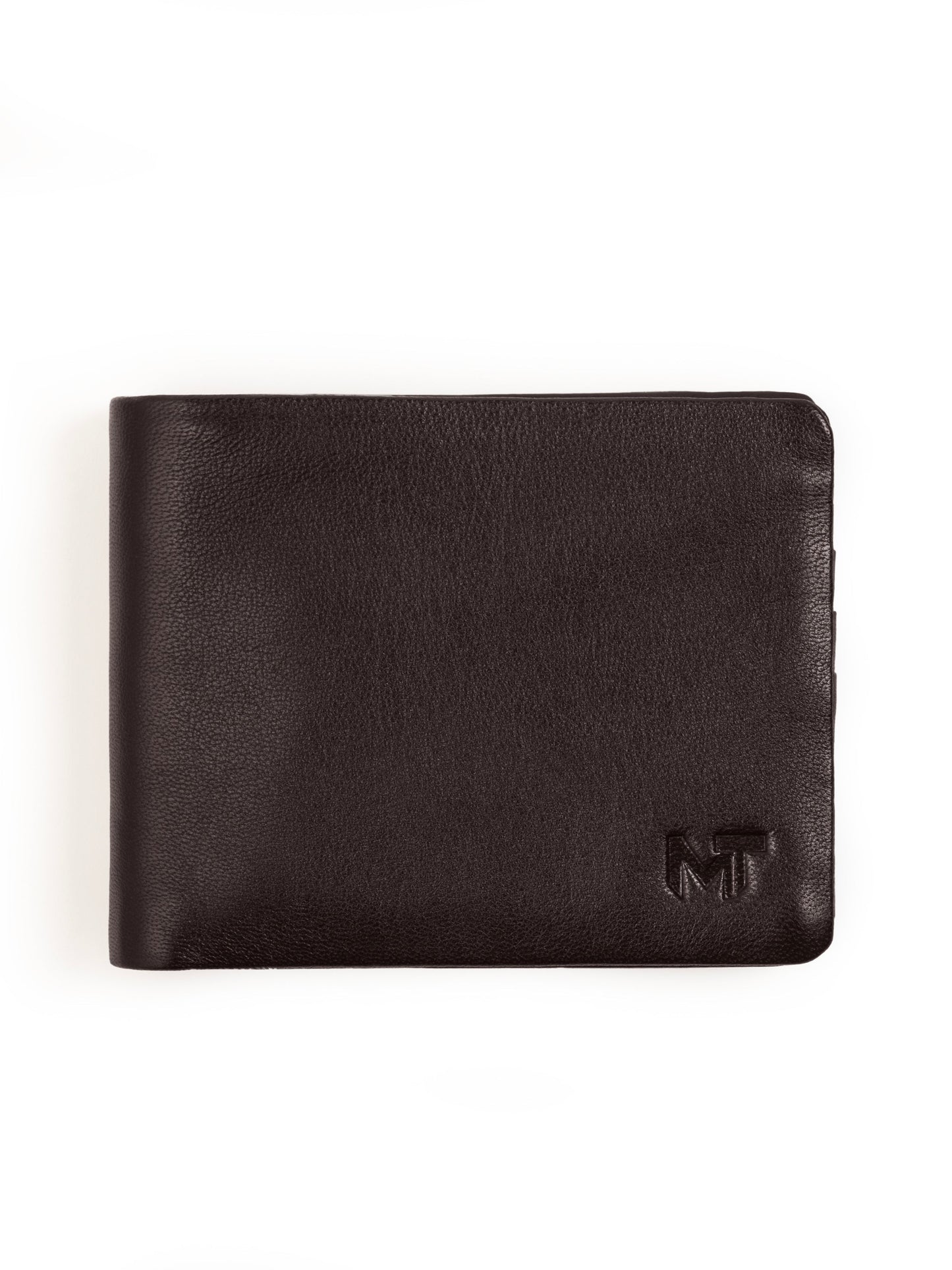 Dark brown bifold wallet with engraved MT logo on the front.