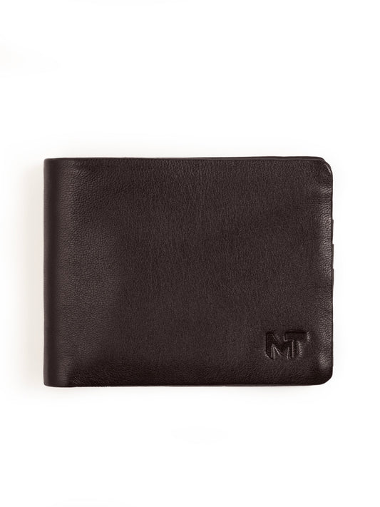 Dark brown bifold wallet with engraved MT logo on the front.