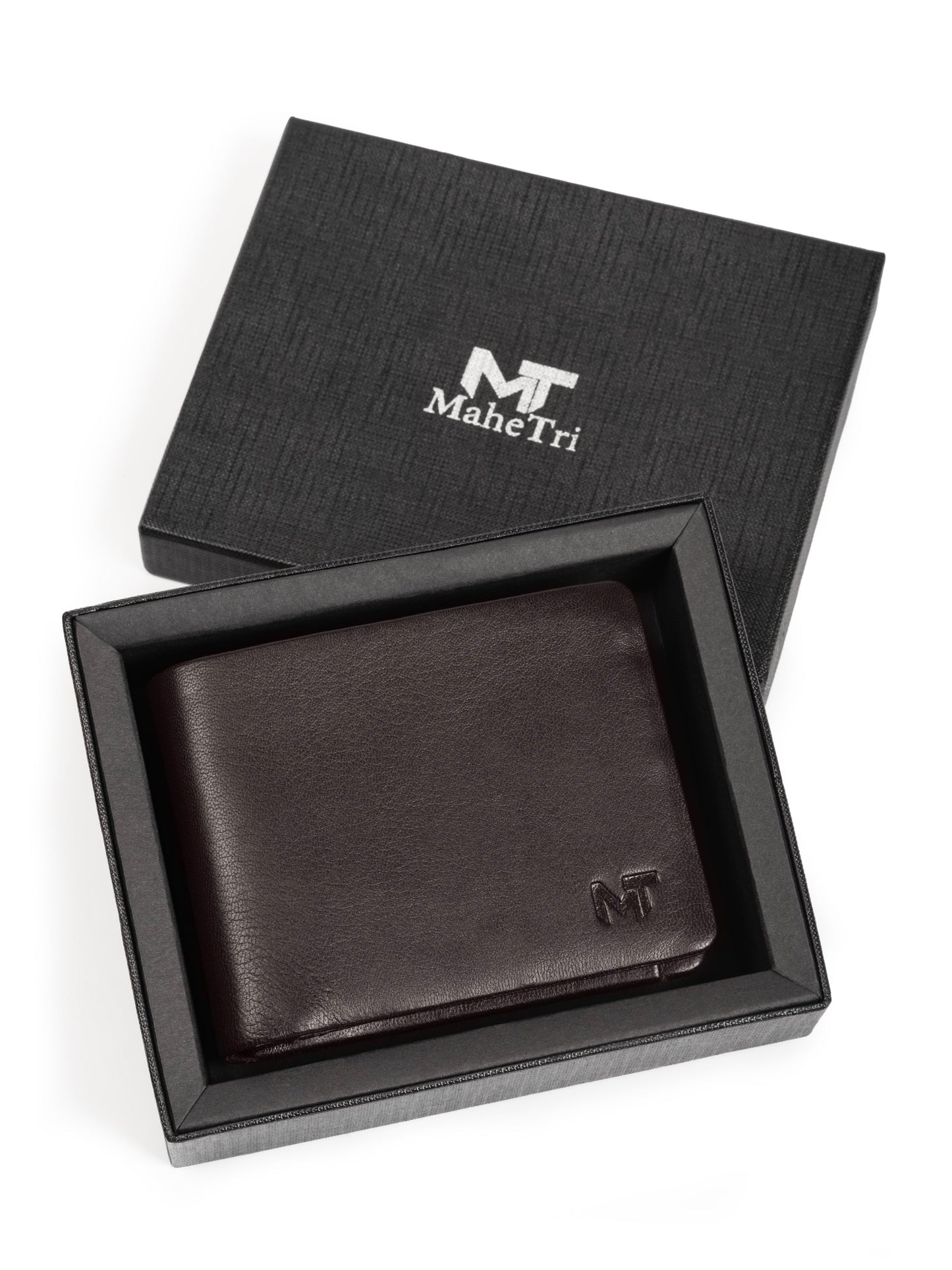 Dark brown bifold wallet opened flat, showing interior card slots and MT emblem.