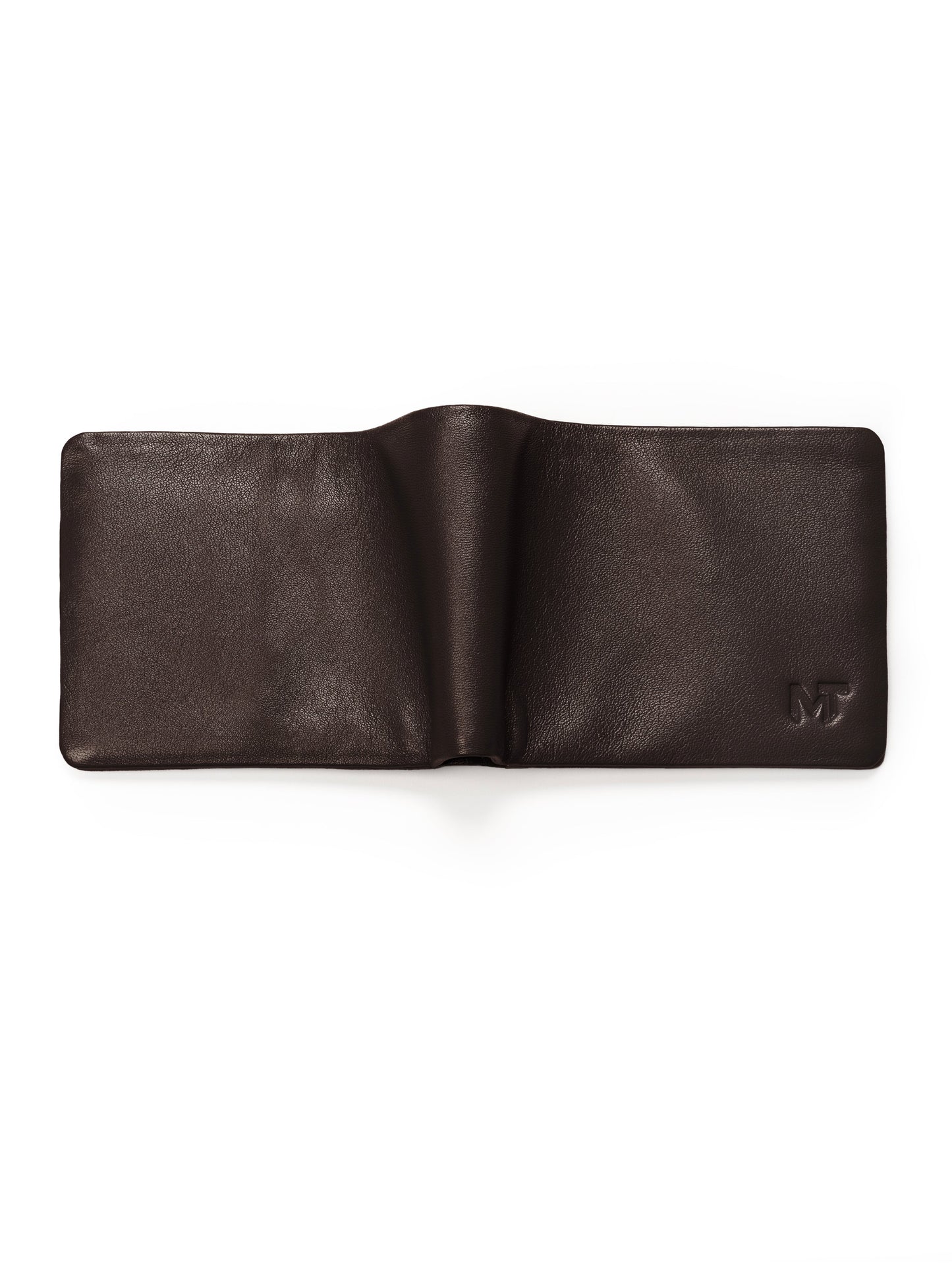 Dark brown bifold wallet open, showing two interior panels with MT mark.