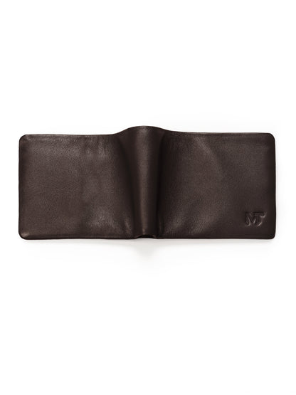 Dark brown bifold wallet open, showing two interior panels with MT mark.