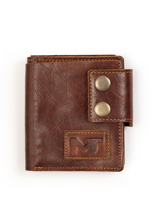 Brown leather money clip wallet with snap button and stitched MT emblem