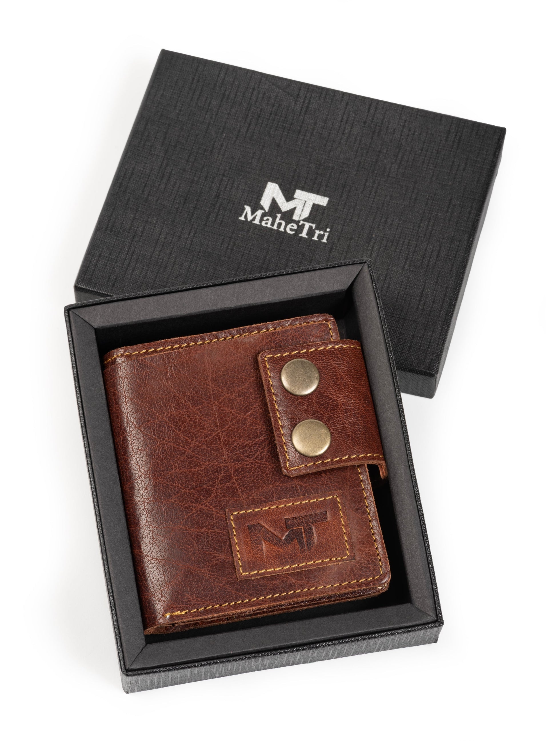 Brown leather card wallet in gift box, with MT logo and two snap buttons