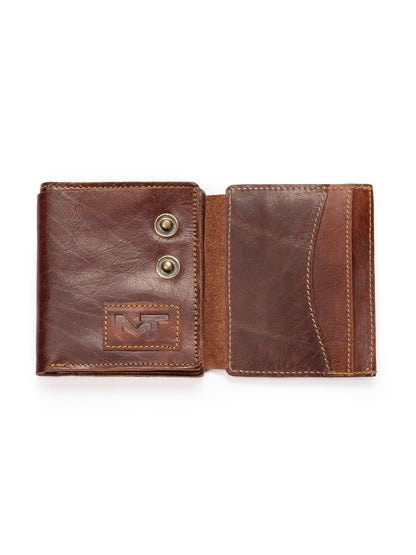Brown leather bifold wallet with two snap buttons and stitched MT emblem