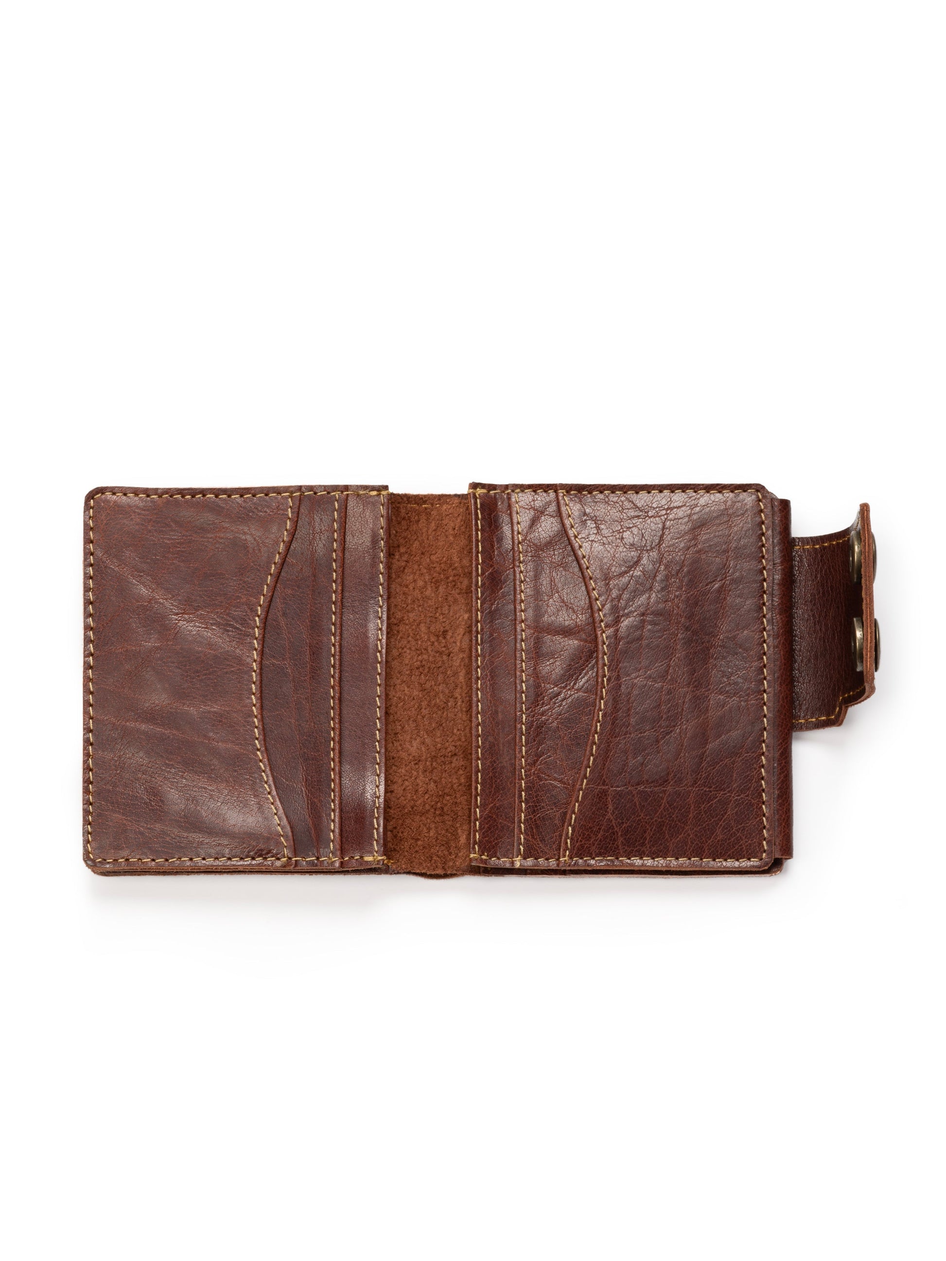Brown leather wallet open view with inner card slots and contrast stitching