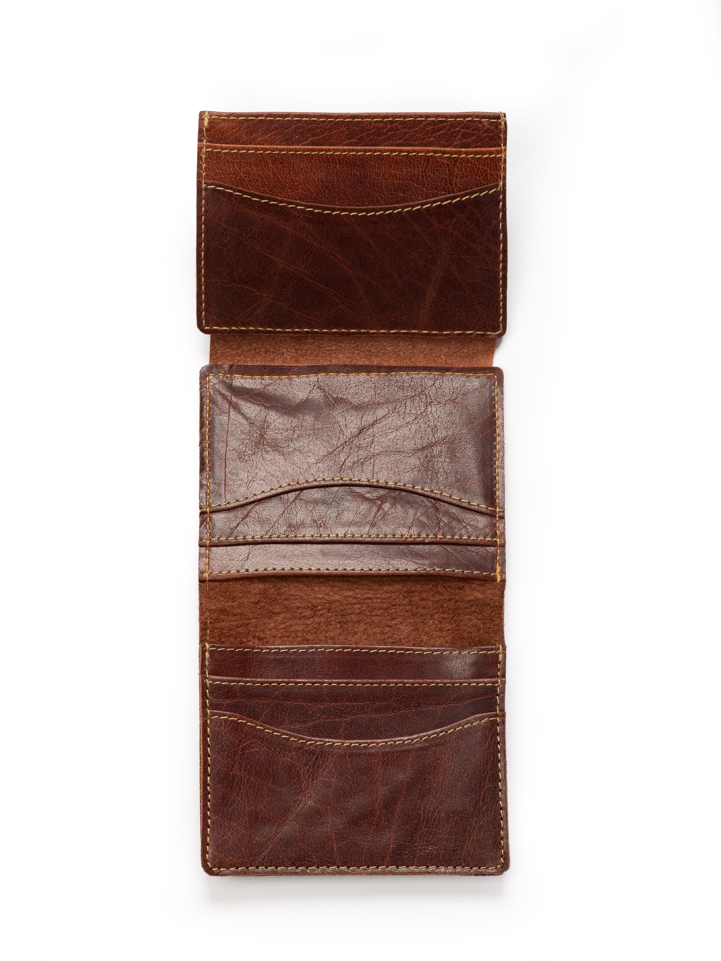 Brown leather wallet showing multiple card compartments and folded card panel