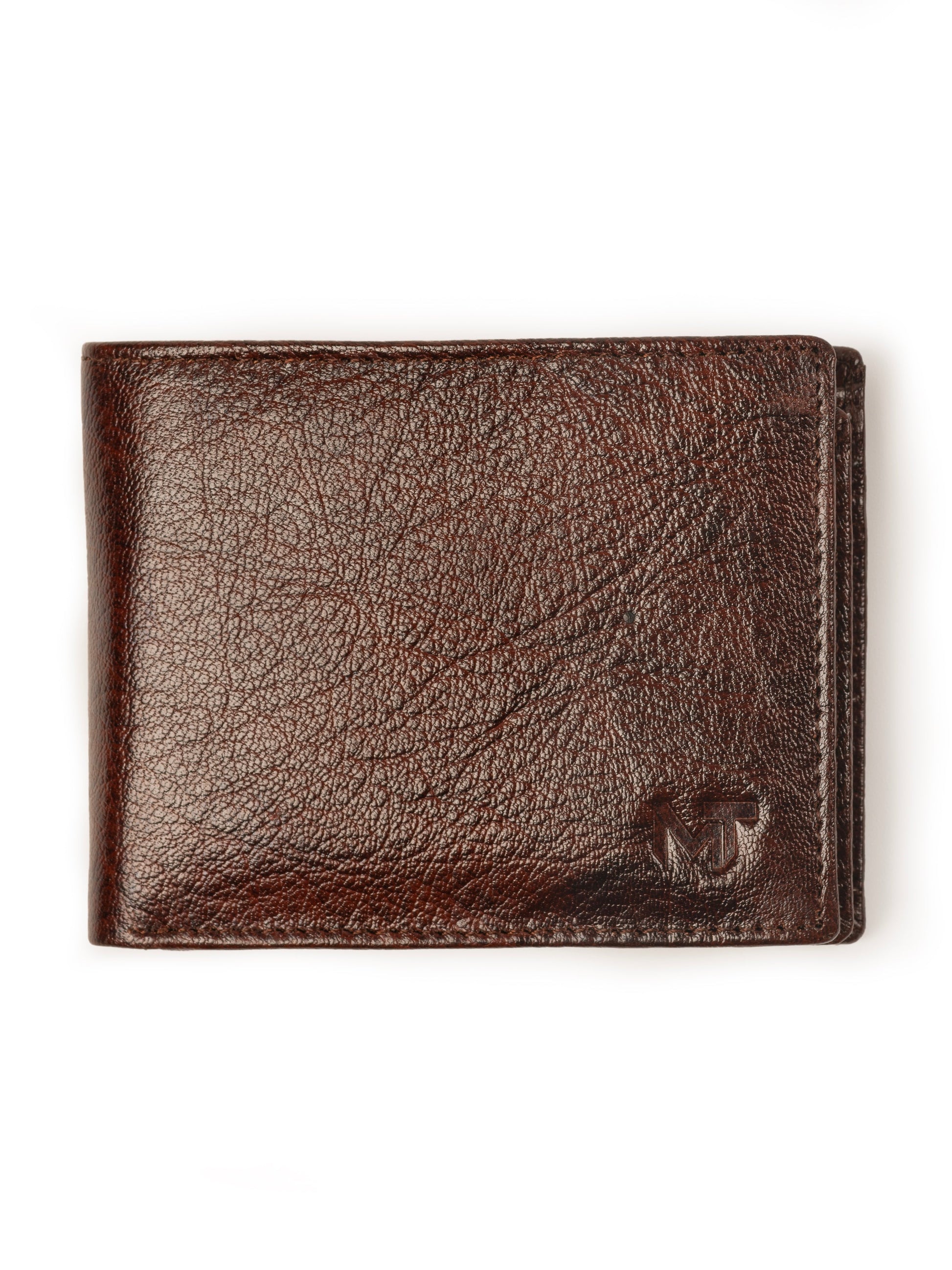 Brown leather wallet with embossed logo, slim bi-fold design, front view.