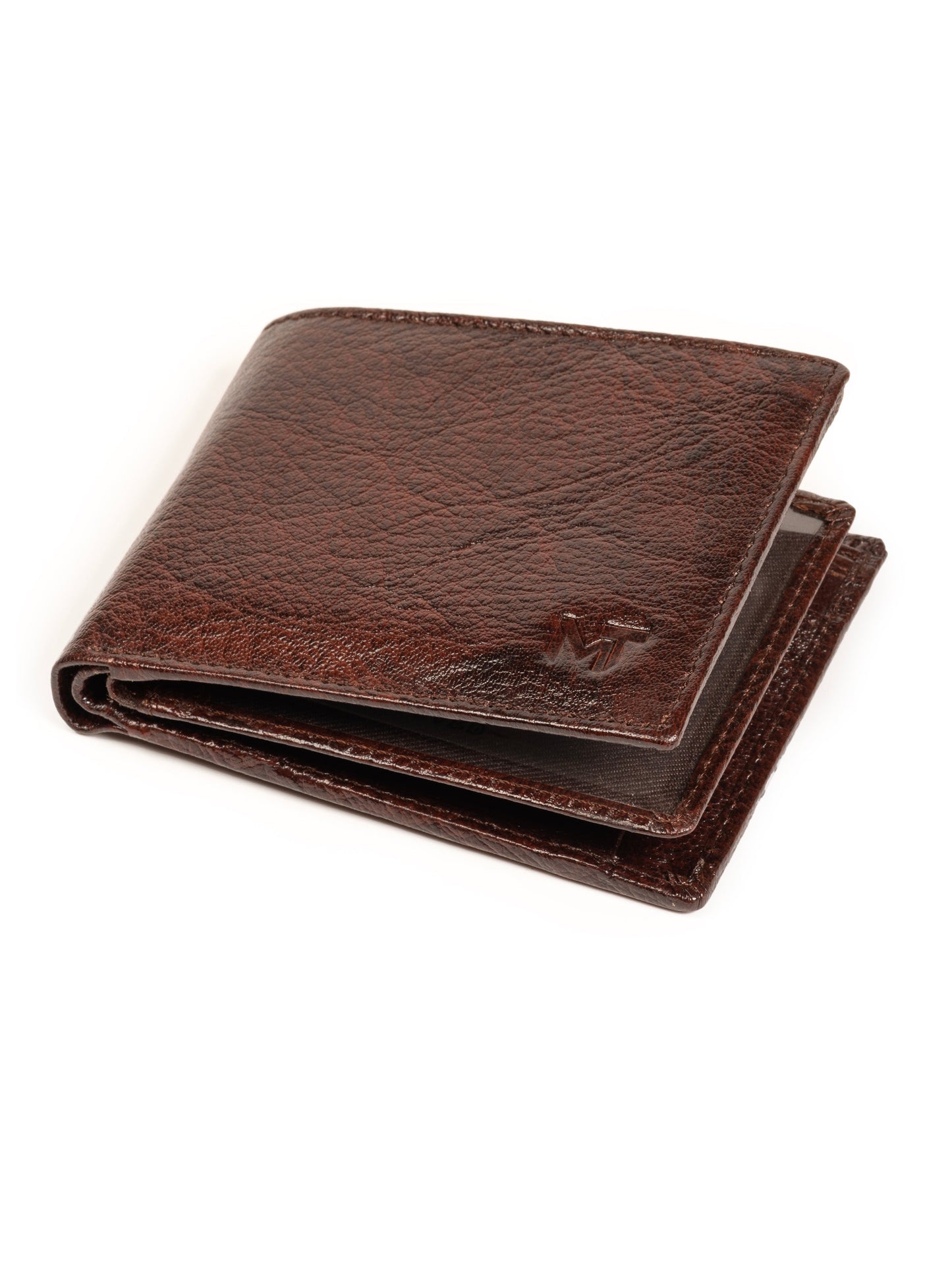 Brown leather bi-fold wallet, side angle with stitched edges and logo stamp.