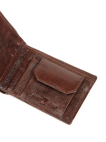 Brown leather wallet interior with card slots and stitched center pocket.