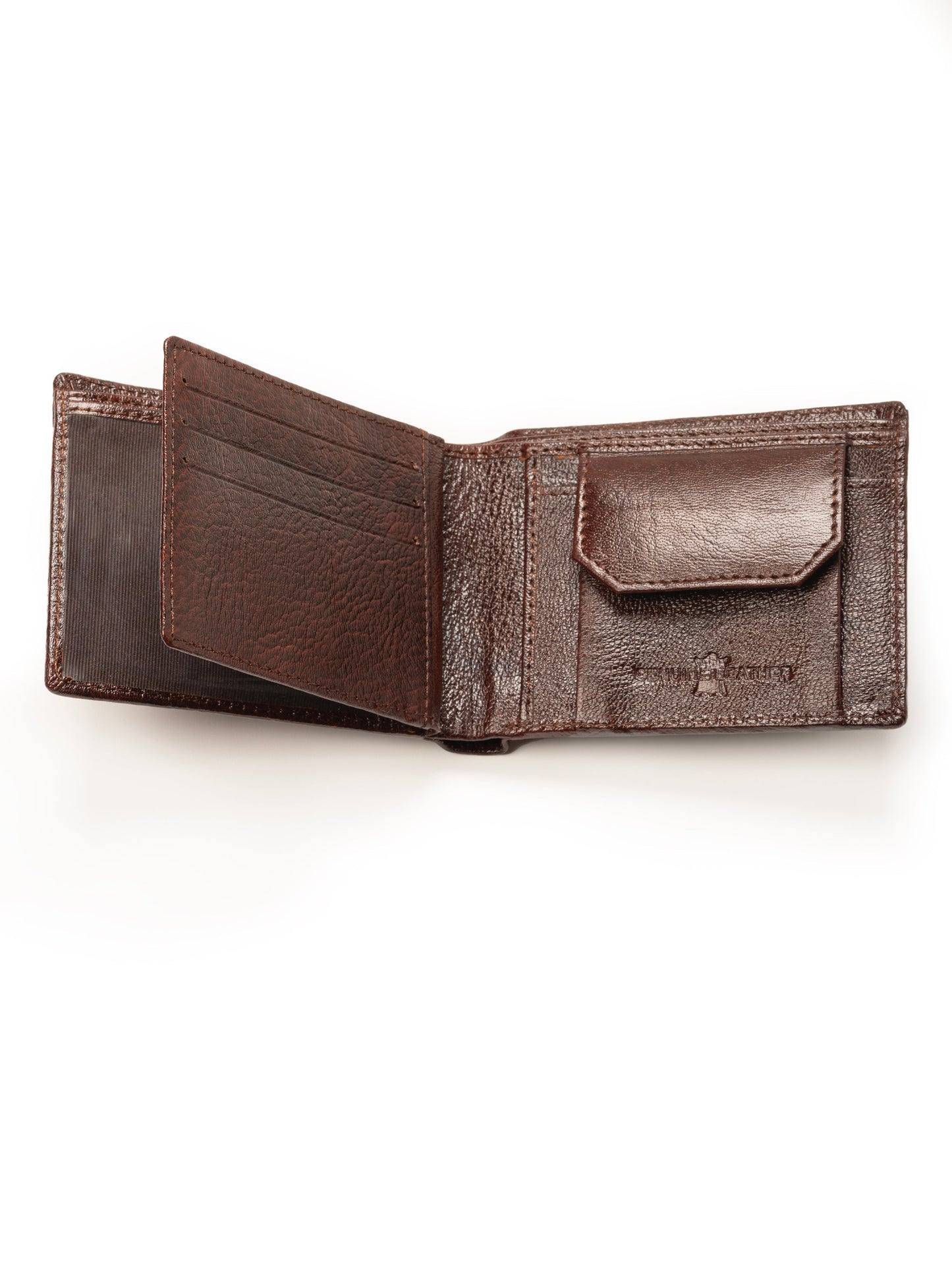Brown leather bi-fold wallet open view, top card holder tab and compartments.