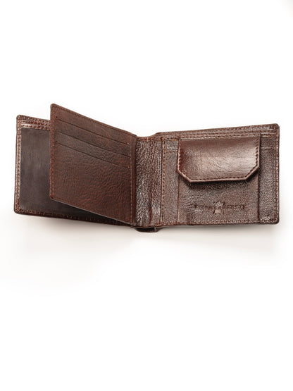 Brown leather bi-fold wallet open view, top card holder tab and compartments.