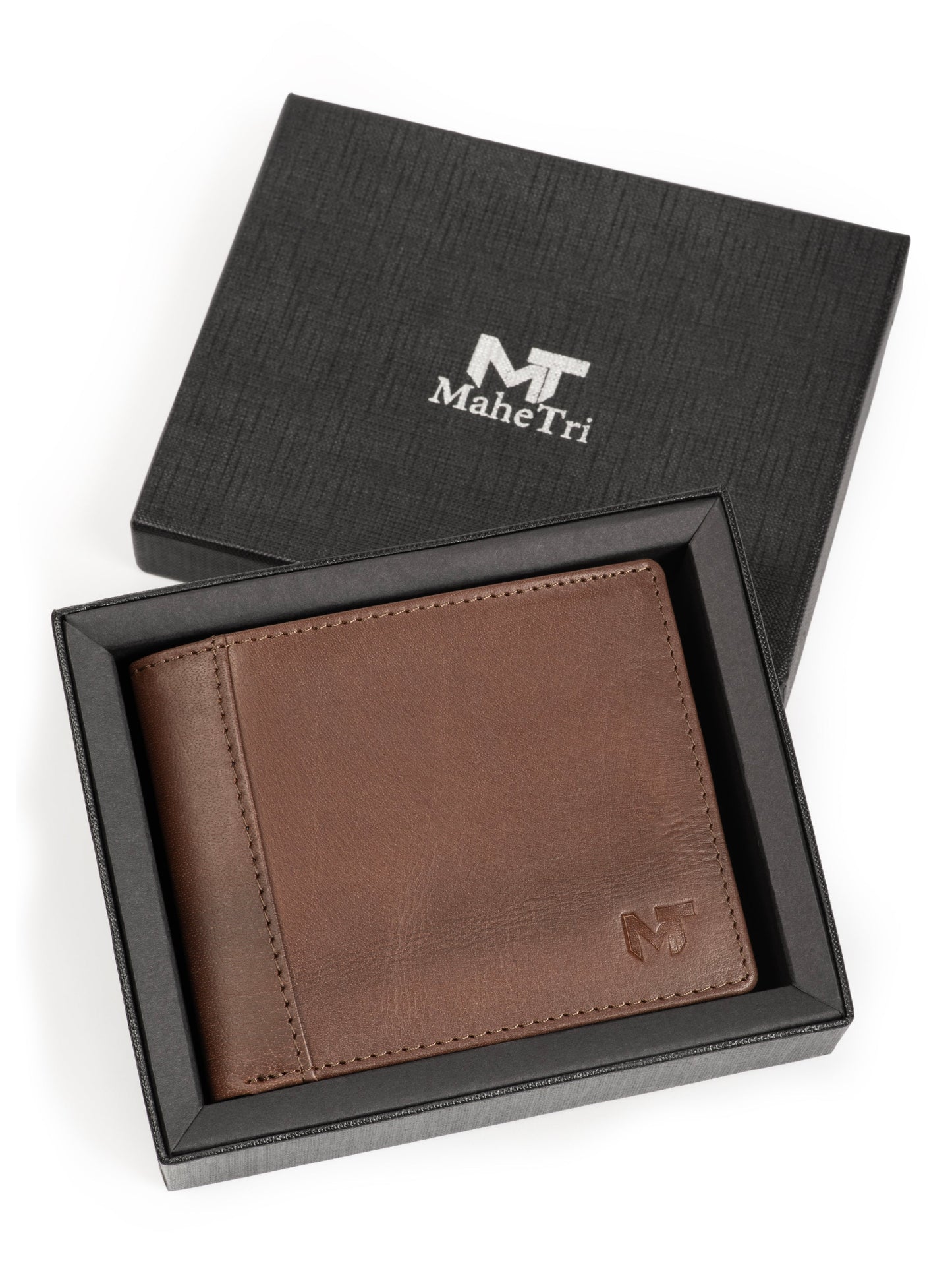 Brown bi-fold leather wallet with MT logo, shown in a gift box