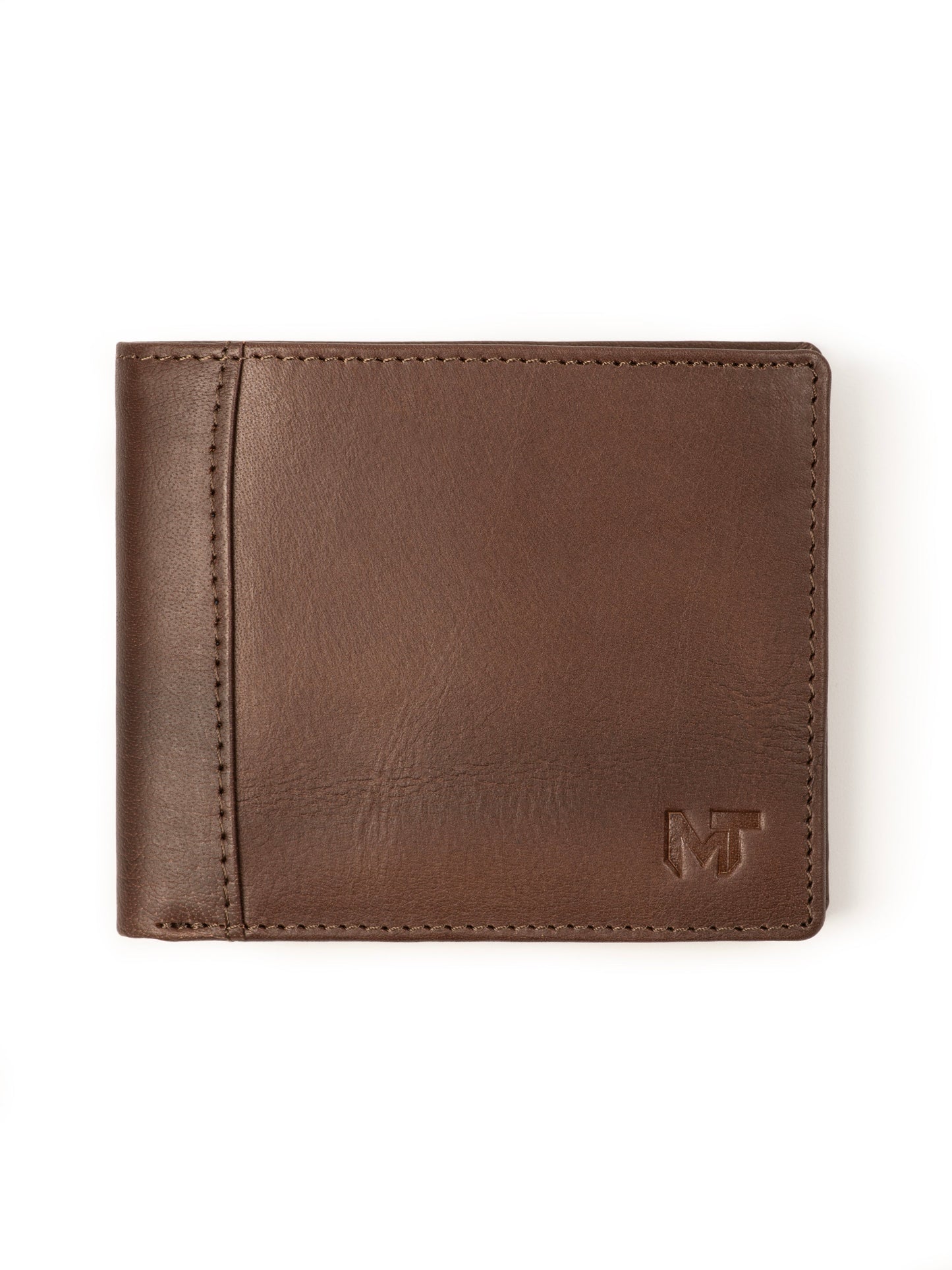 Brown bi-fold leather wallet with stitched edges and MT logo