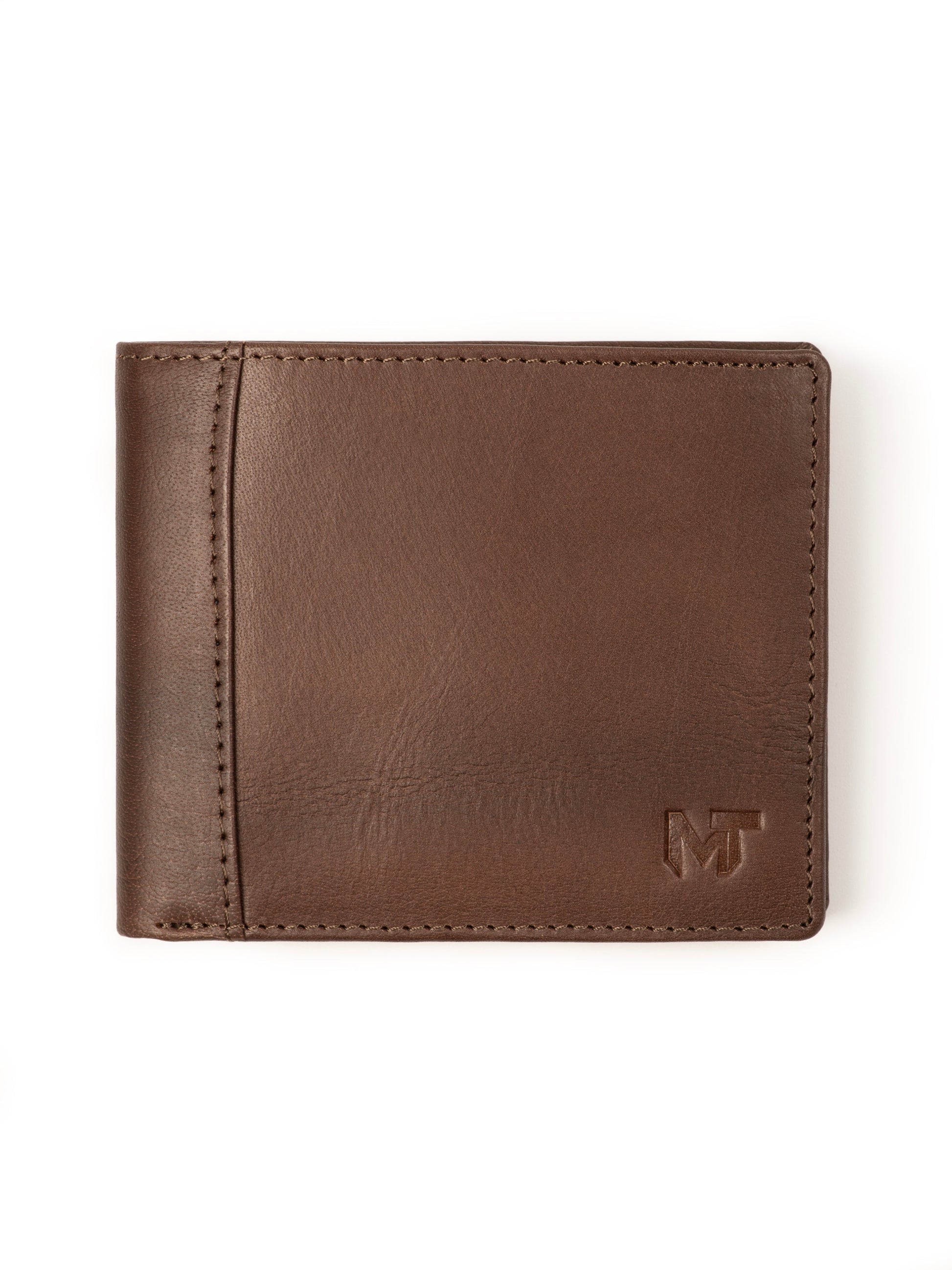 Brown bi-fold leather wallet with stitched edges and MT logo