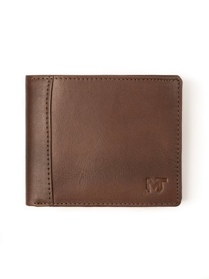 Brown bi-fold leather wallet with stitched edges and MT logo
