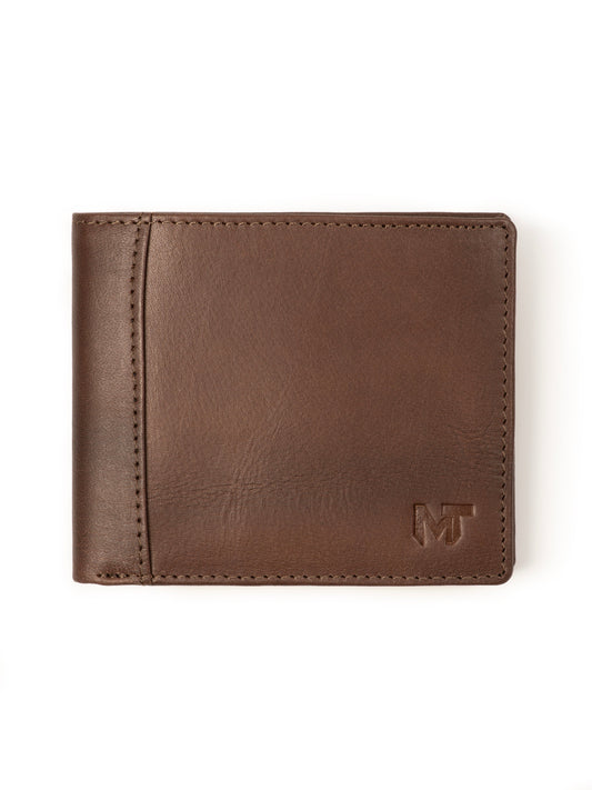 Brown bi-fold leather wallet with stitched edges and MT logo