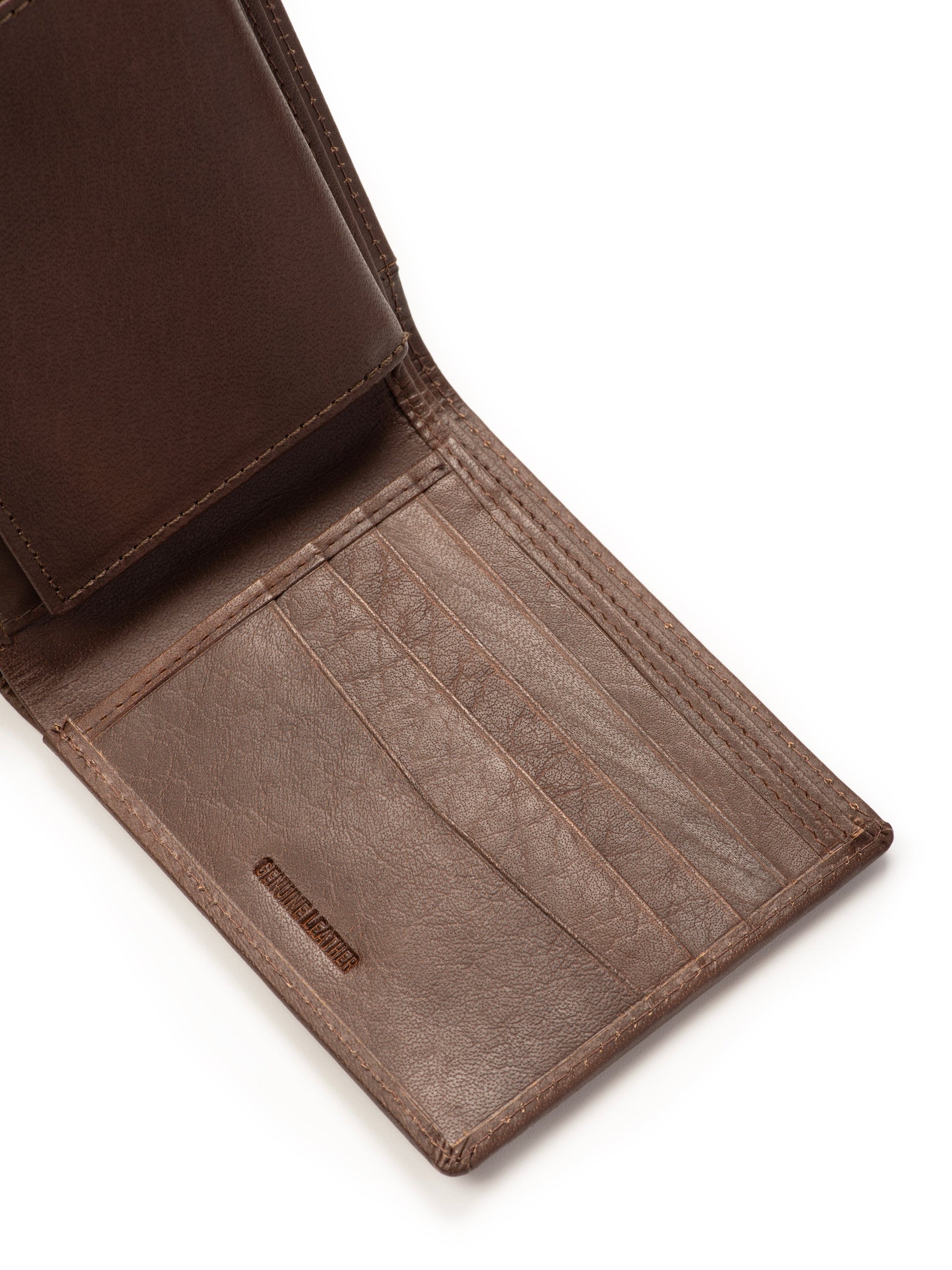 Brown bi-fold wallet interior with multiple card slots and a small tab