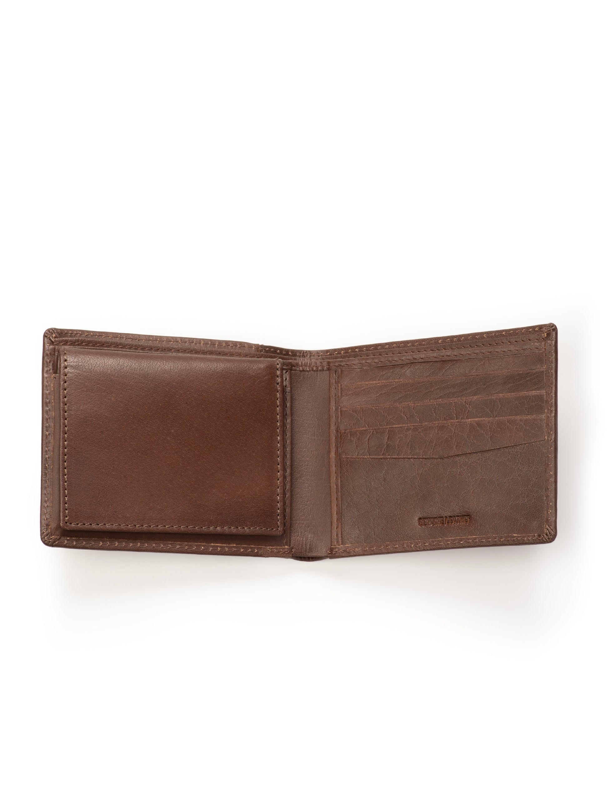 Brown bi-fold wallet open, showing card compartments and center fold