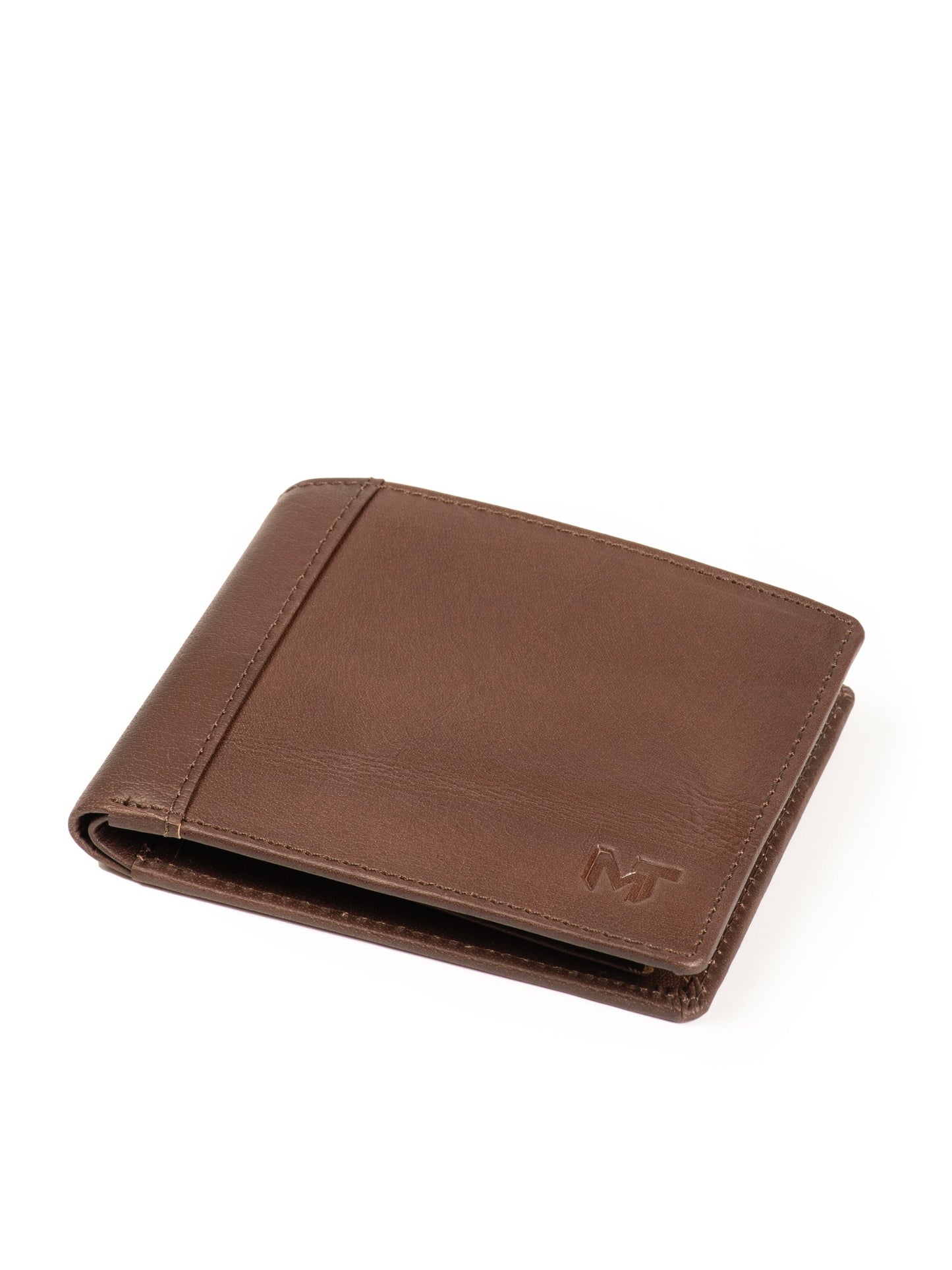 Brown bi-fold leather wallet with front MT logo and slim folded shape