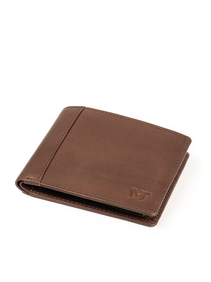 Brown bi-fold leather wallet with front MT logo and slim folded shape