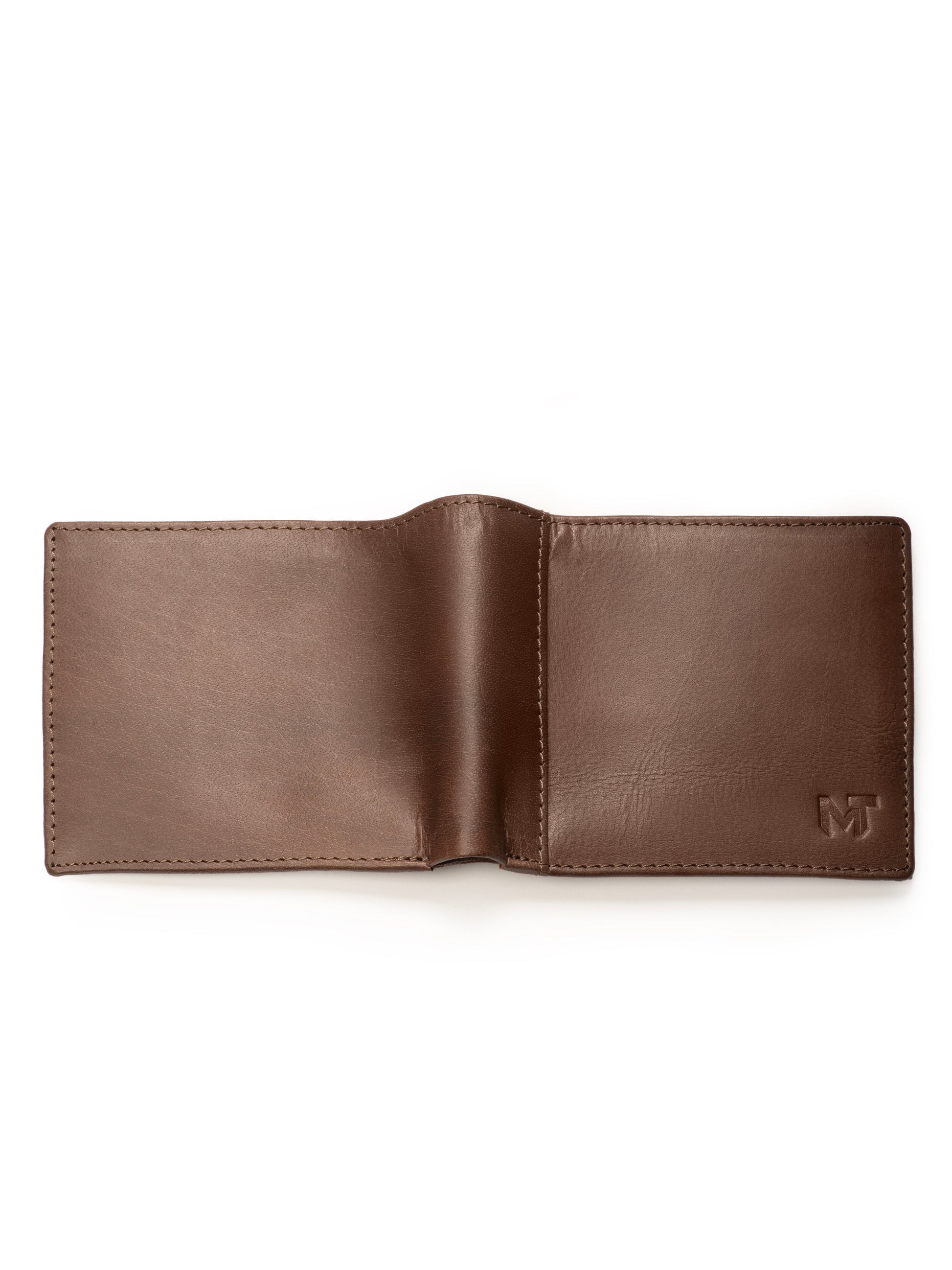 Brown bi-fold wallet open flat with MT logo on the right panel